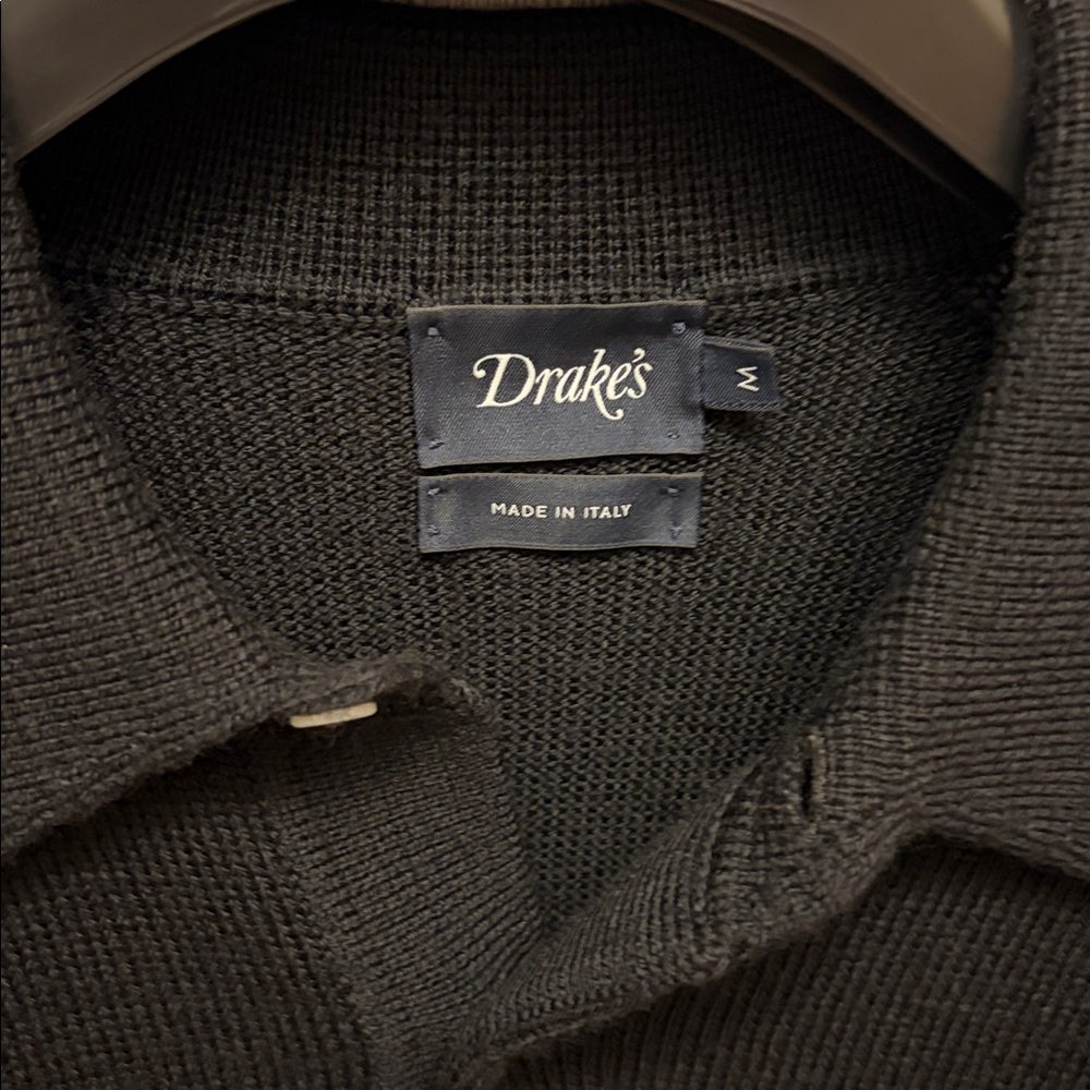 Drakes - Black Merino Wool Knitted Polo - Size M - Picture 5 of 11